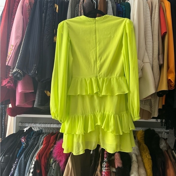 Anne Fernandes- Lime Neon Green Longsleeve Ruffle Layer Button Down Mini Dress - Picture 5 of 7
